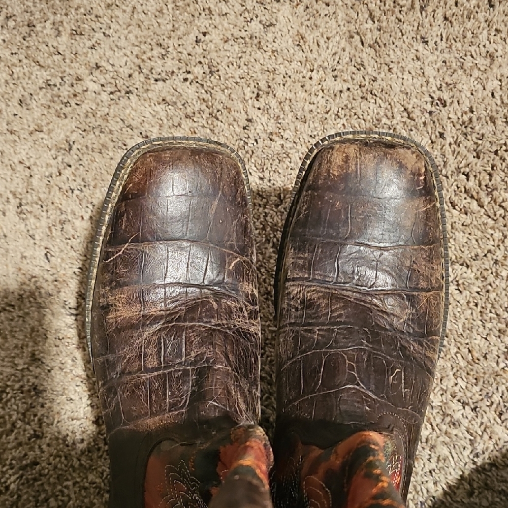 Brown Leather Western Cowboy Boots with Orange Floral Stitching - Picture 3 of 6
